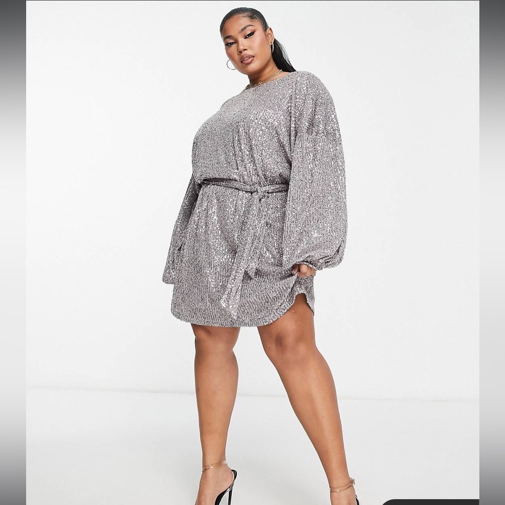 ASOS DESIGN Curve oversized sequin mini dress with belt in silver sz US20